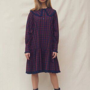 Medium OPHELIA & INDIGO Gracie Dress Burgundy Check Plaid Maroon Navy Blue